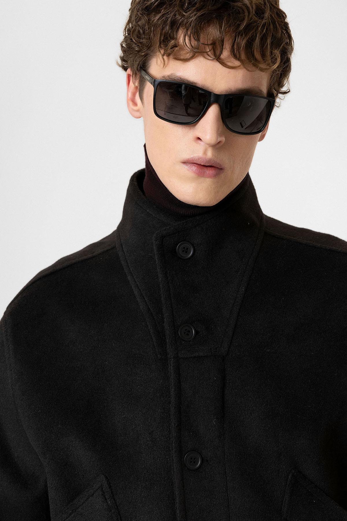 Antioch-Siyah Yün Karışımlı Dik Yaka Erkek Mont-Mont-7-Milagron.com