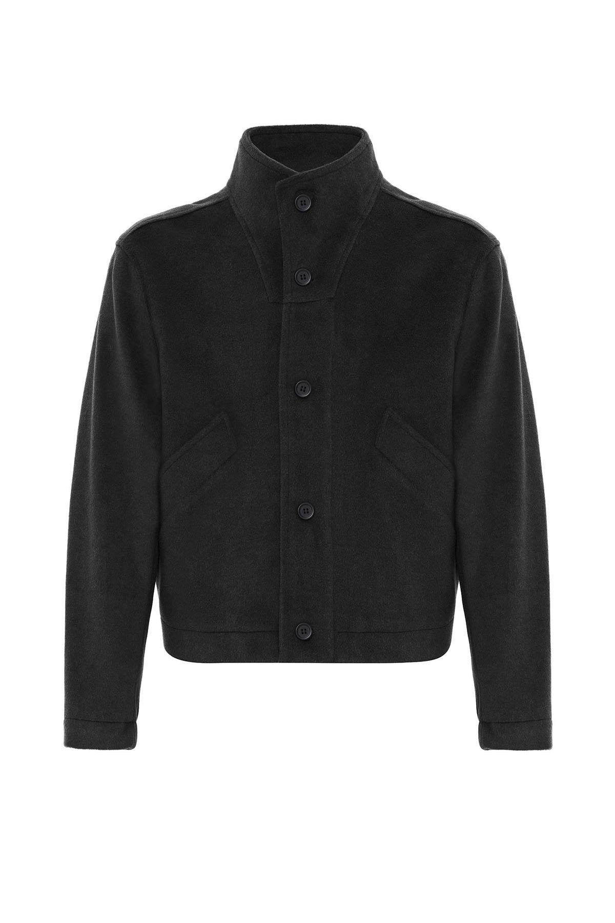 Antioch-Siyah Yün Karışımlı Dik Yaka Erkek Mont-Mont-9-Milagron.com