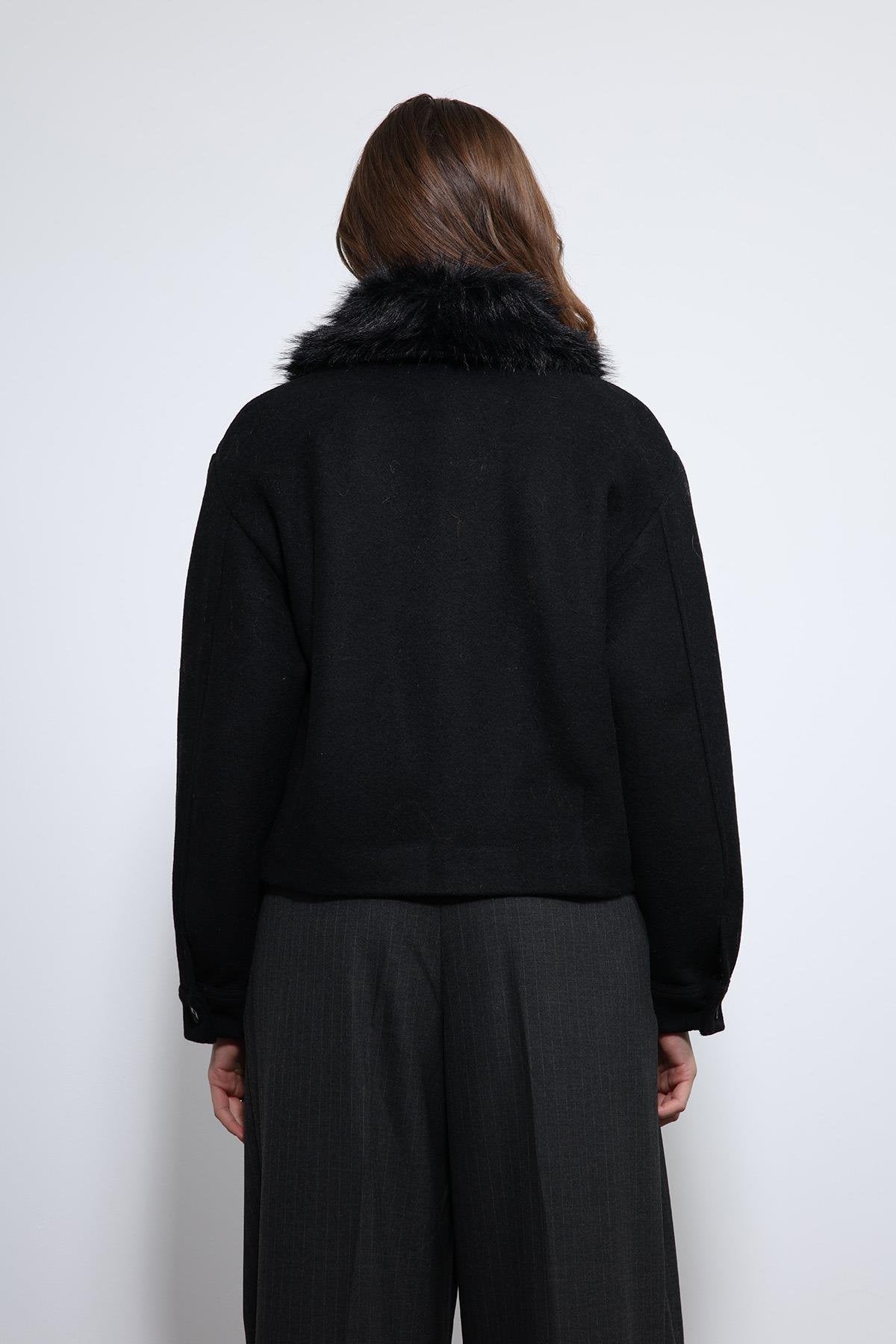 Antioch-Siyah Yün Karışımlı Suni Kürk Yaka Ceket-Ceket-13-Milagron.com