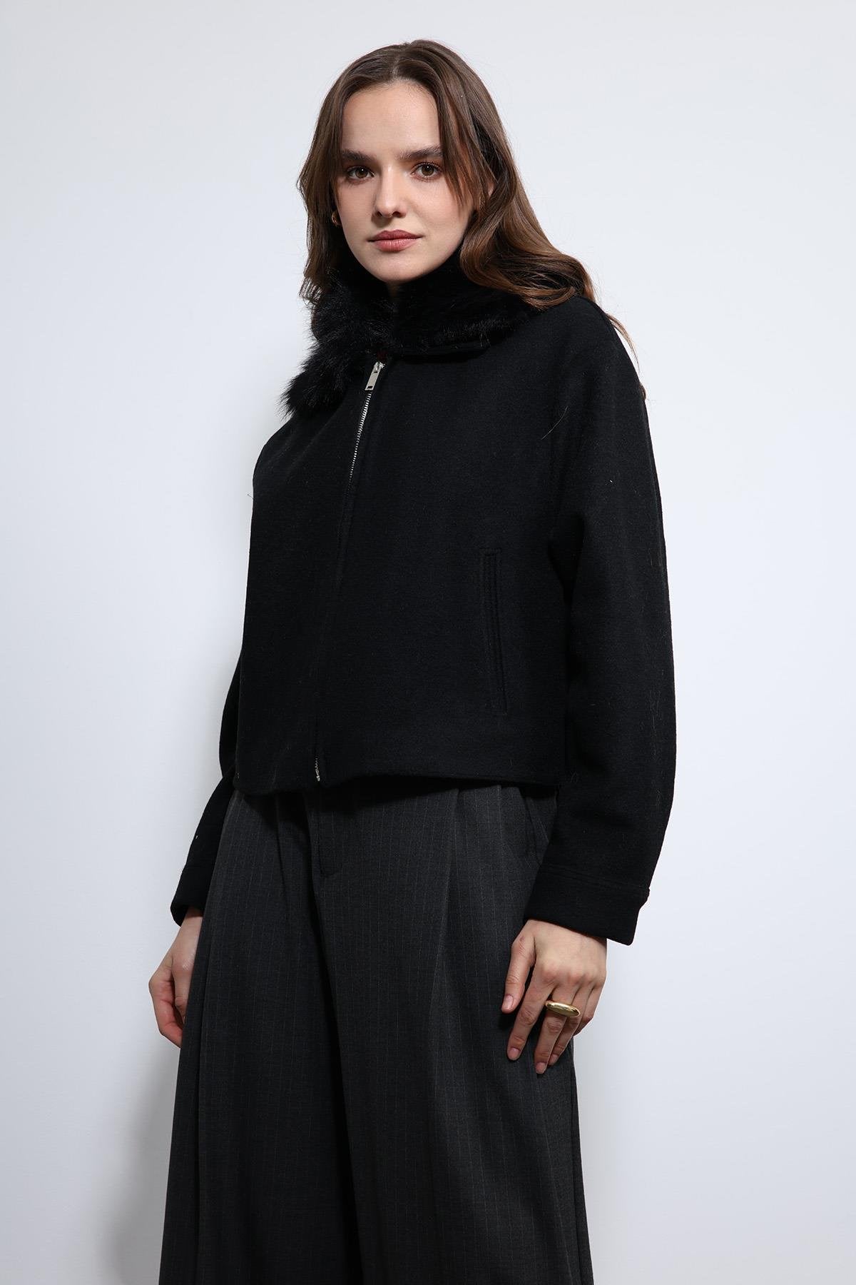 Antioch-Siyah Yün Karışımlı Suni Kürk Yaka Ceket-Ceket-8-Milagron.com