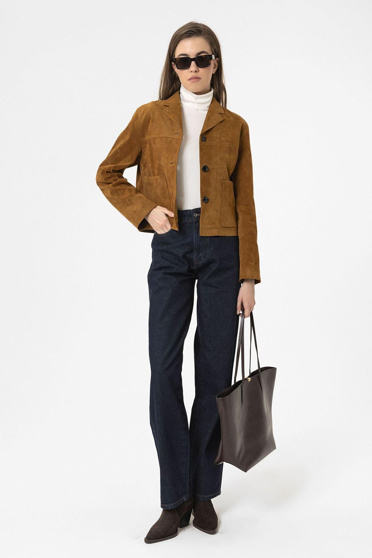 Antioch-Taba Kadın Suni Süet Crop Ceket-Ceket-2-Milagron.com