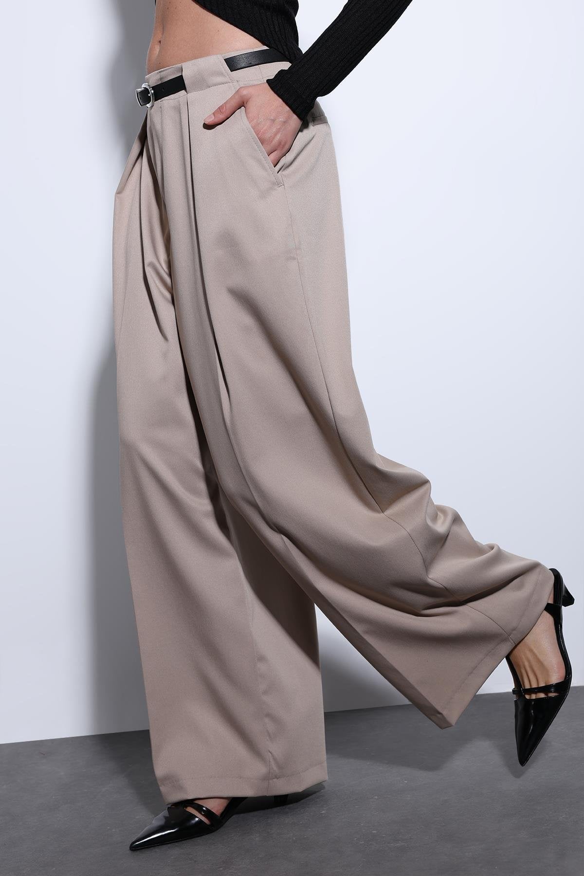 Antioch-Antioch Taş Pileli Geniş Kadın Pantolon-Kumaş Pantolon-1-Milagron.com