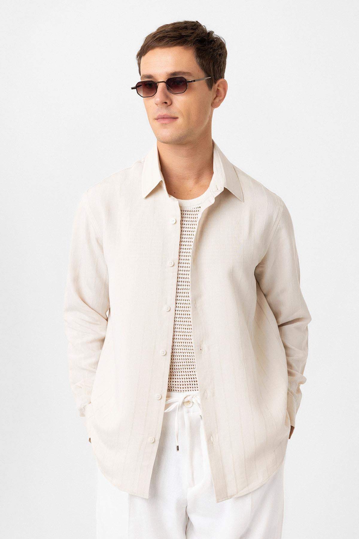 Antioch-Taş Relax Fit çizgili Erkek Gömlek-Gömlek-1-Milagron.com