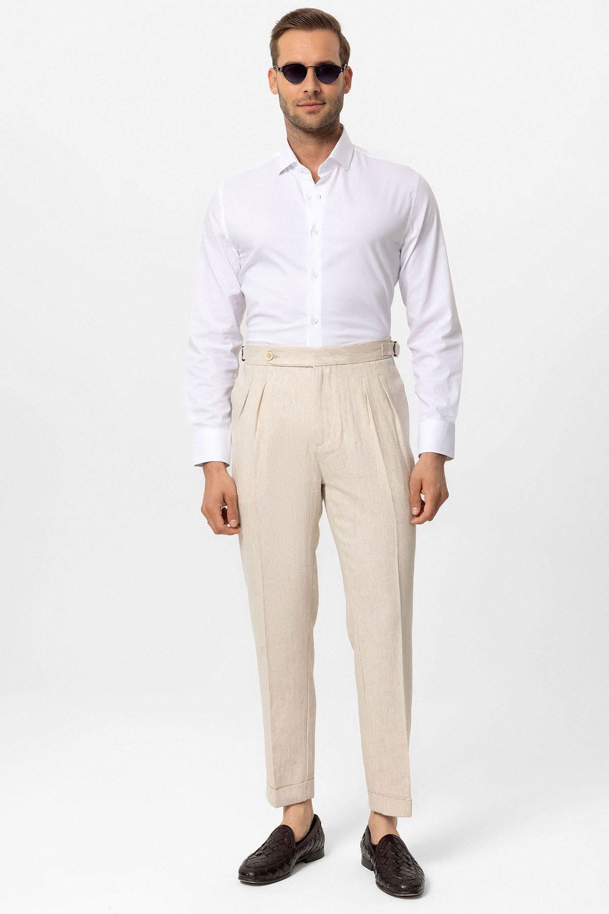 Antioch-Taş Yüksek Bel Keten Karışımlı Duble Paça Erkek Pantolon-Kumaş Pantolon-2-Milagron.com