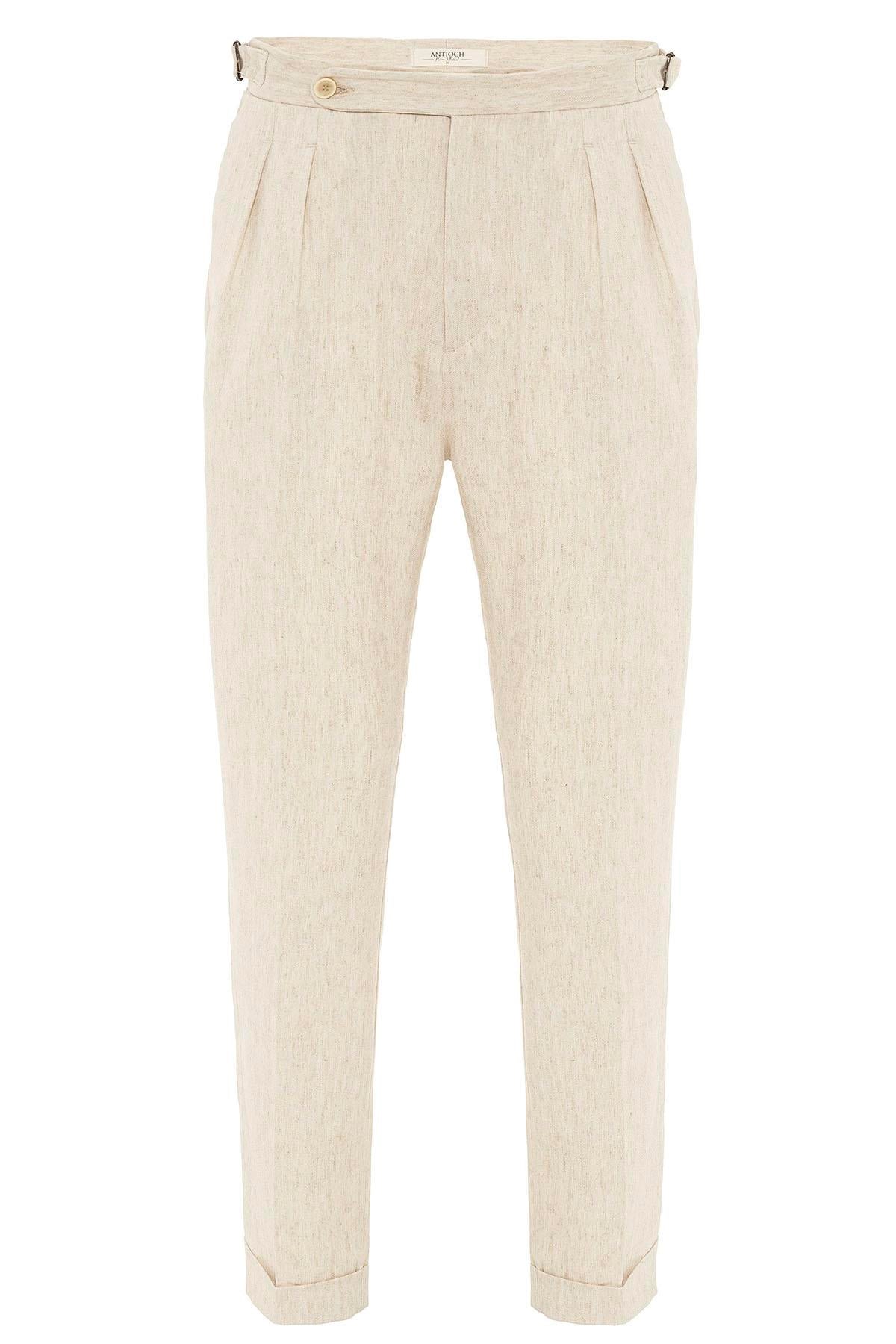 Antioch-Taş Yüksek Bel Keten Karışımlı Duble Paça Erkek Pantolon-Kumaş Pantolon-6-Milagron.com