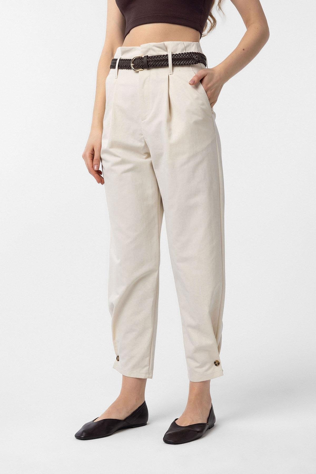 Antioch-Taş Yüksek Bel Paçası Düğmeli Fit Kadın Pantolon-Kumaş Pantolon-1-Milagron.com