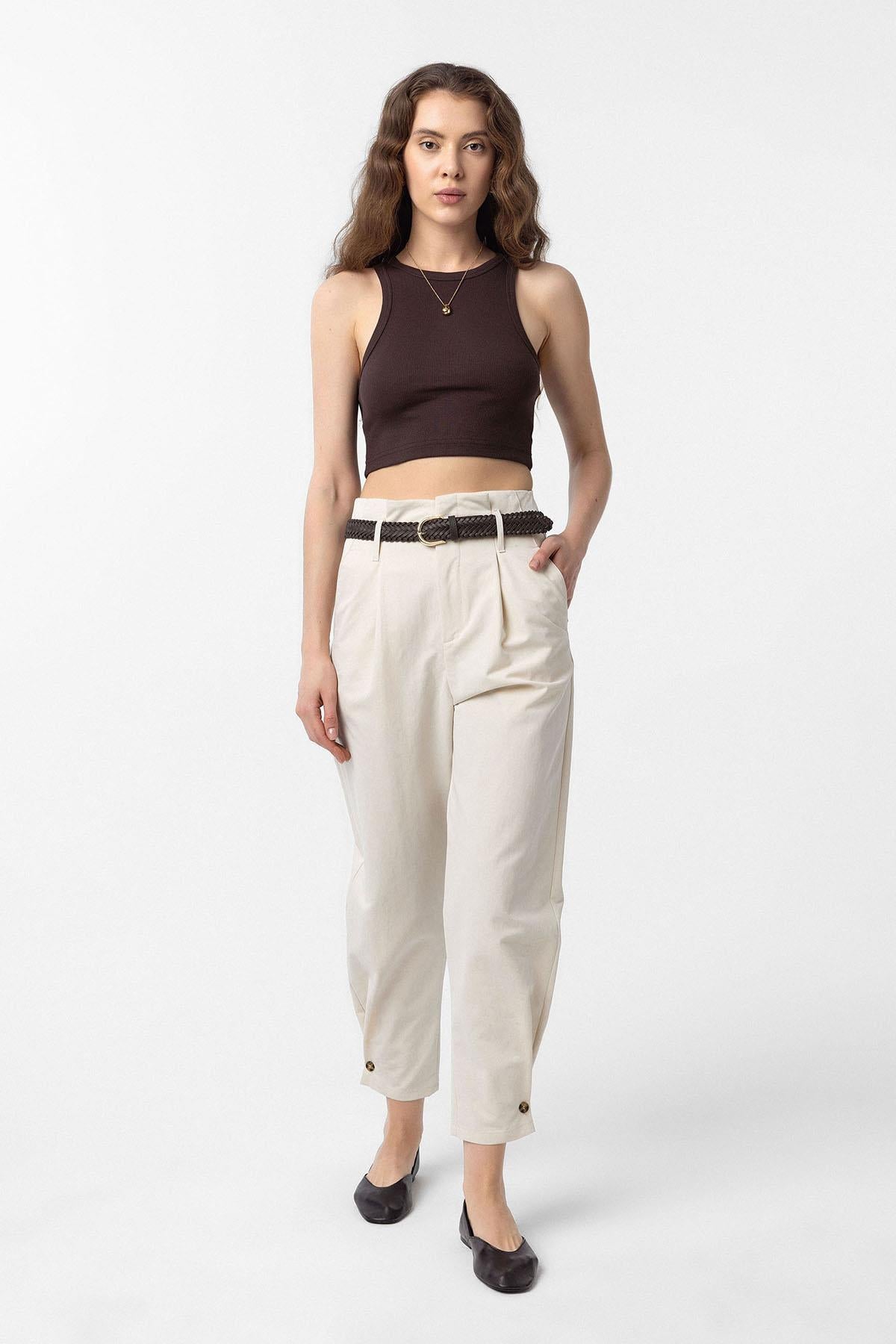 Antioch-Taş Yüksek Bel Paçası Düğmeli Fit Kadın Pantolon-Kumaş Pantolon-2-Milagron.com