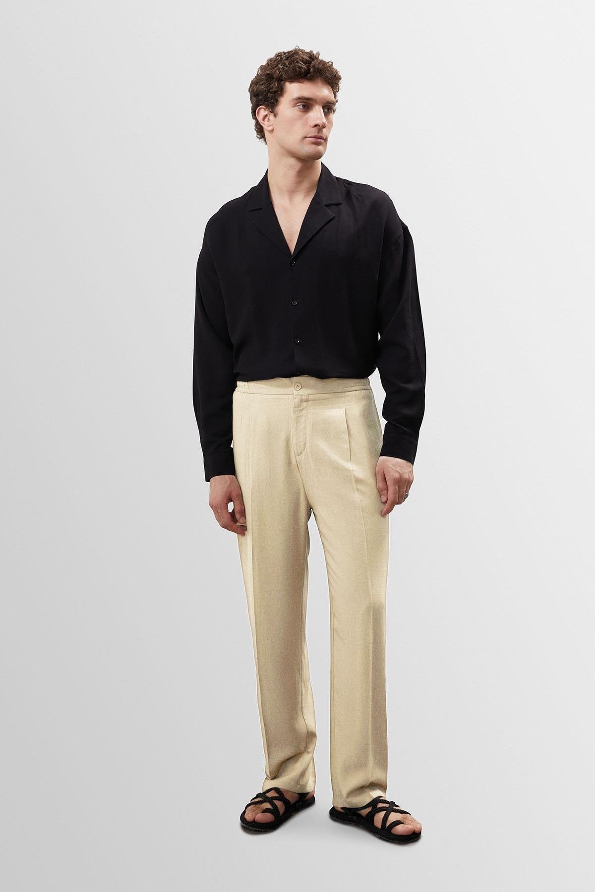 Antioch-Taş Yüksek Bel Pileli Keten Karışımlı Erkek Pantolon-Kumaş Pantolon-3-Milagron.com