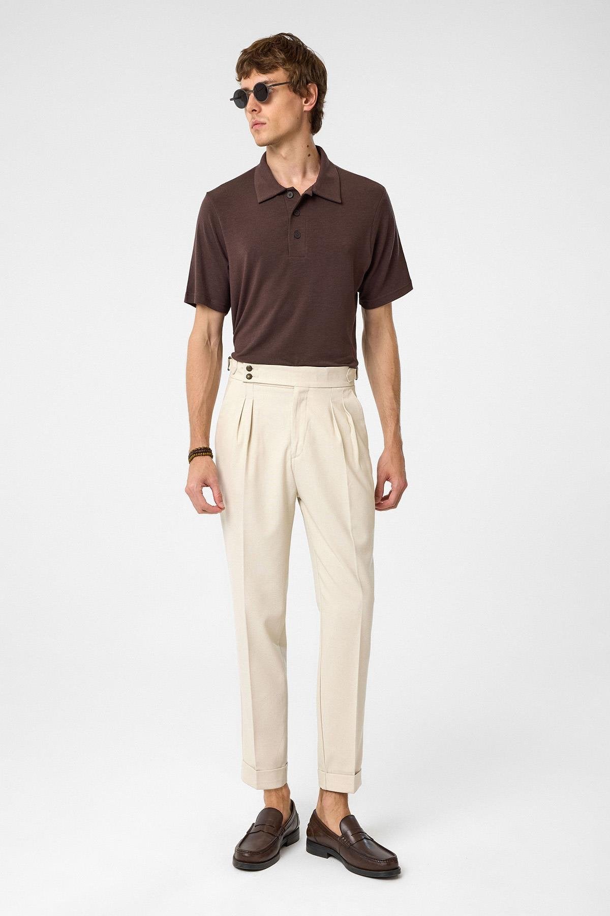 Antioch-Taş Yüksek Bel Yandan Tokalı Pileli Kumaş Pantolon-Kumaş Pantolon-3-Milagron.com