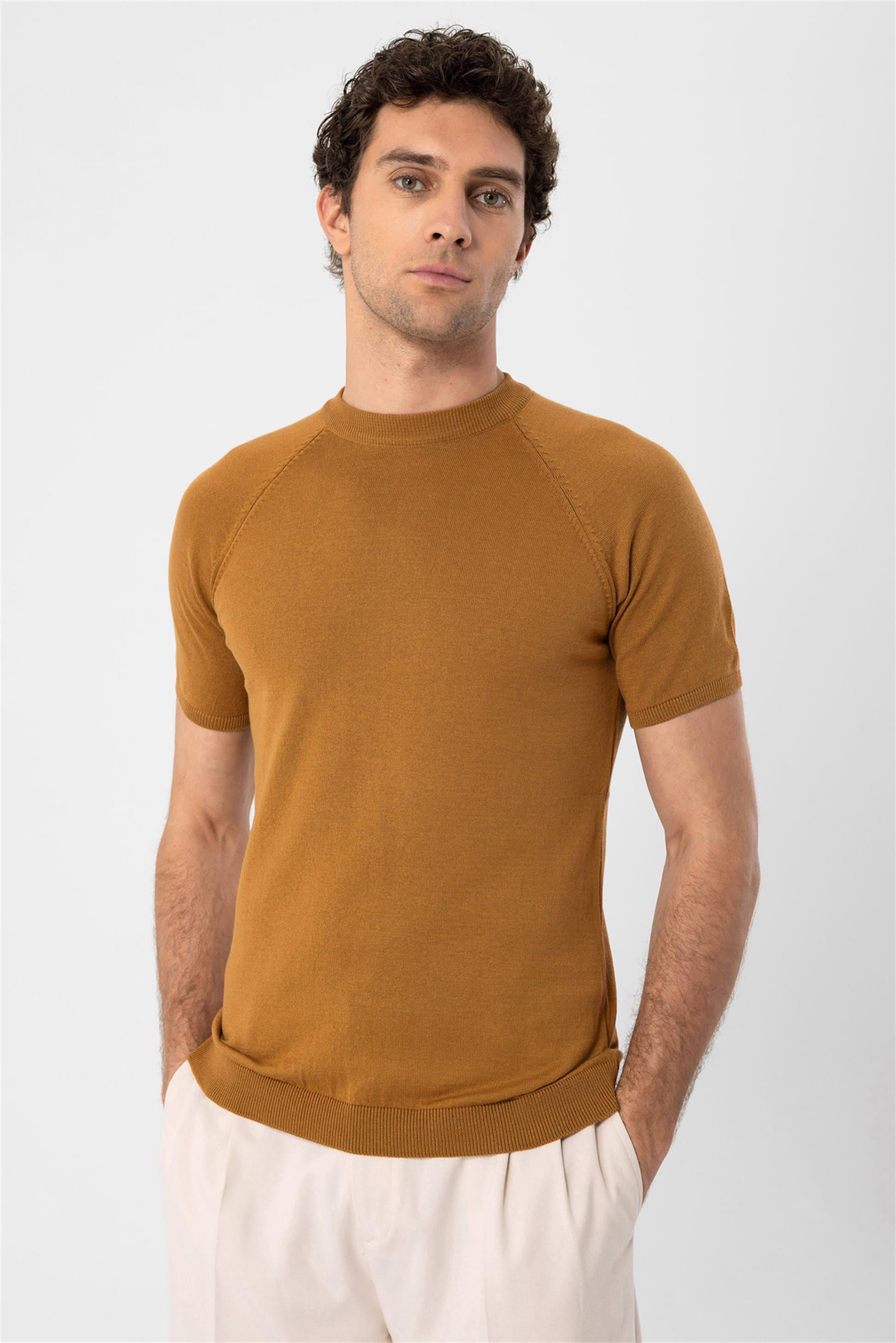 Antioch-Tütün Bisiklet Yaka Triko T Shirt-Kazak & Triko-1-Milagron.com