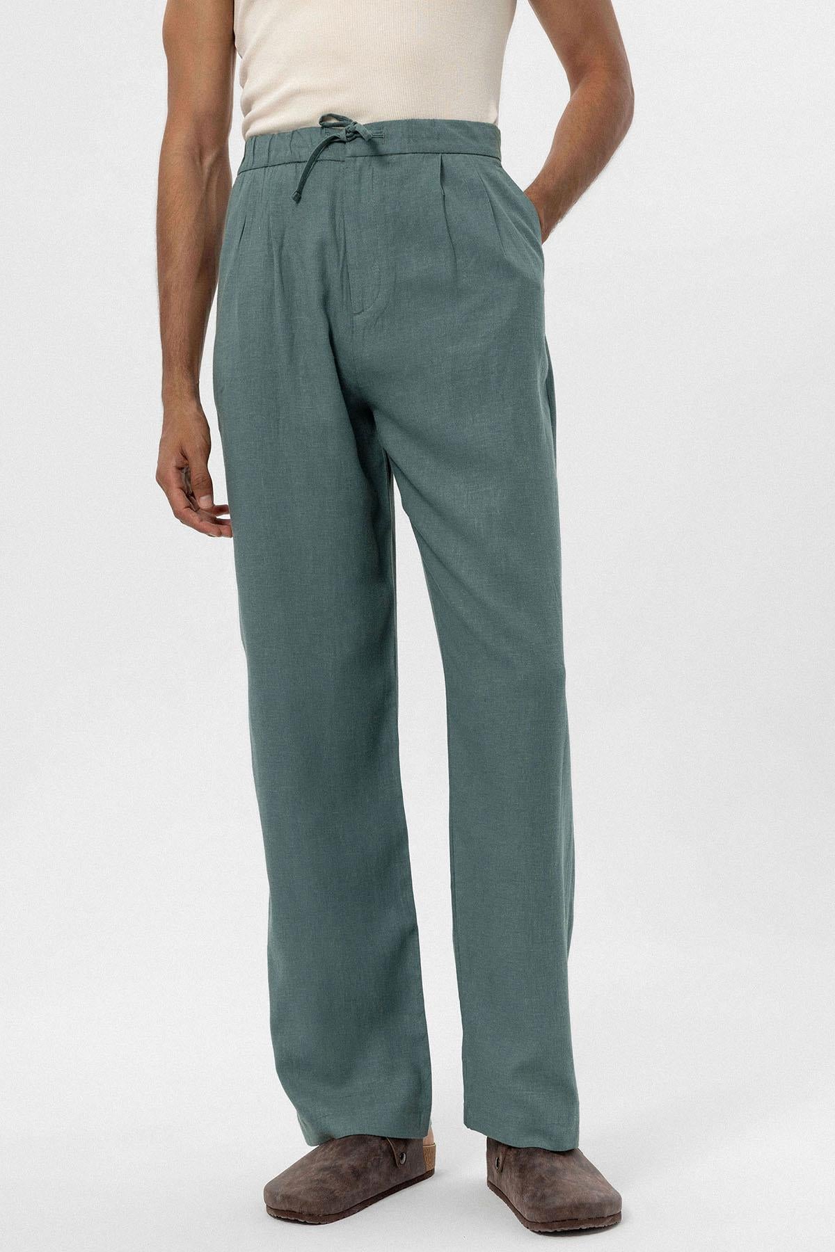 Antioch-Yeşil Bel Bağlamalı Keten Karışımlı Baggy Erkek Pantolon-Pantolon-3-Milagron.com