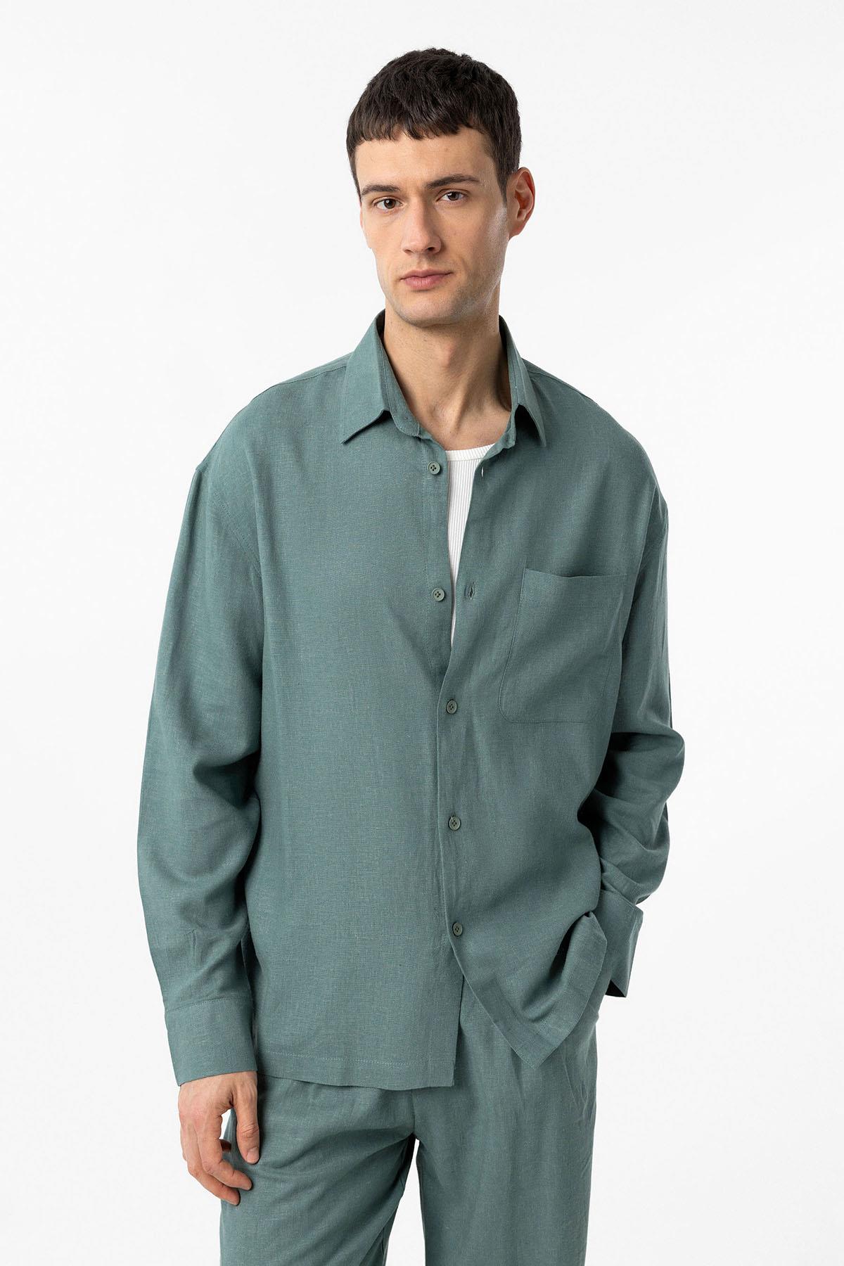 Antioch-Yeşil Keten Karışımlı Relax Fit Erkek Gömlek-Gömlek-3-Milagron.com
