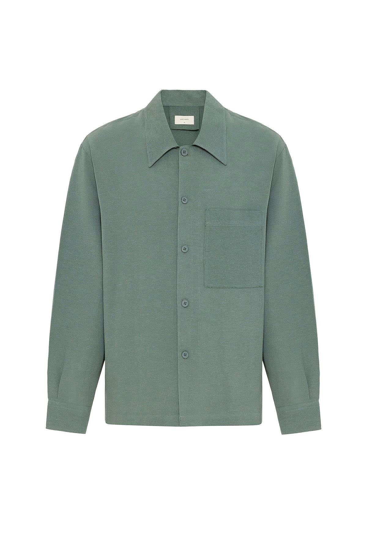 Antioch-Yeşil Keten Karışımlı Relaxed Erkek Gömlek-Gömlek-6-Milagron.com