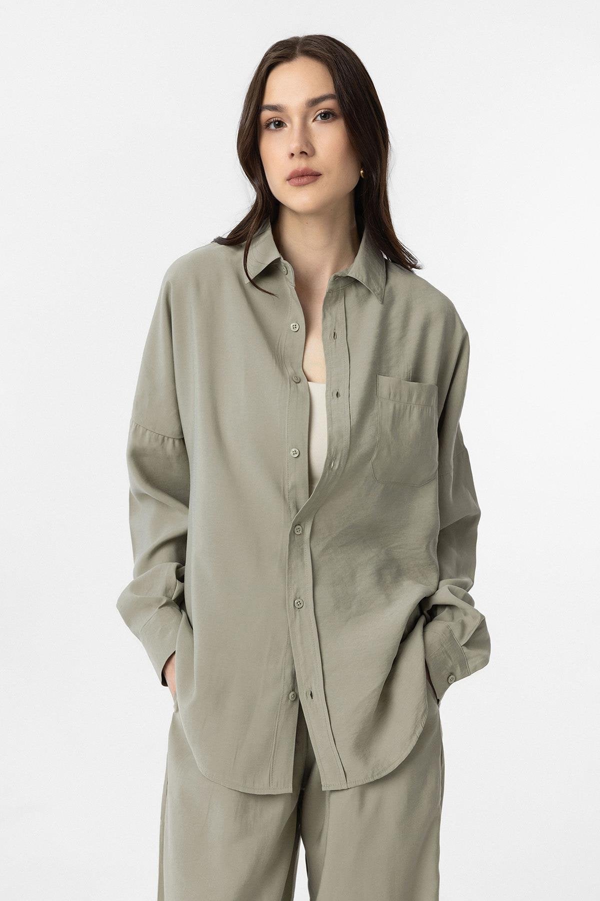 Antioch-Yeşil Modal Kadın Gömlek Pantolon Takım-Alt - Üst Takım-2-Milagron.com