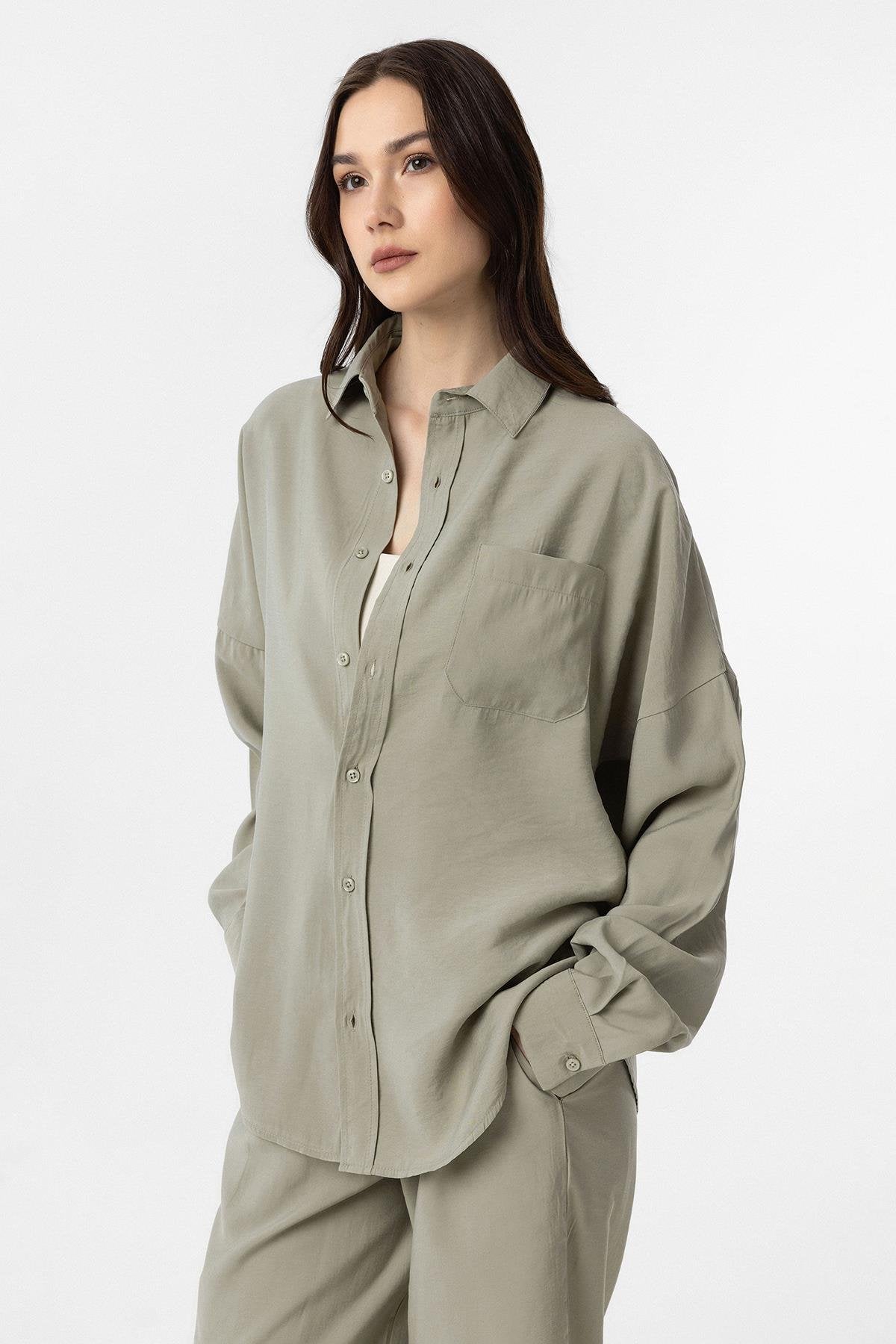 Antioch-Yeşil Modal Kadın Gömlek Pantolon Takım-Alt - Üst Takım-3-Milagron.com