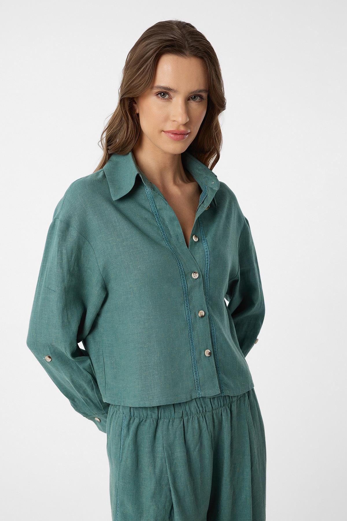 Antioch-Yeşil Şeritli Kadın Gömlek-Gömlek-1-Milagron.com