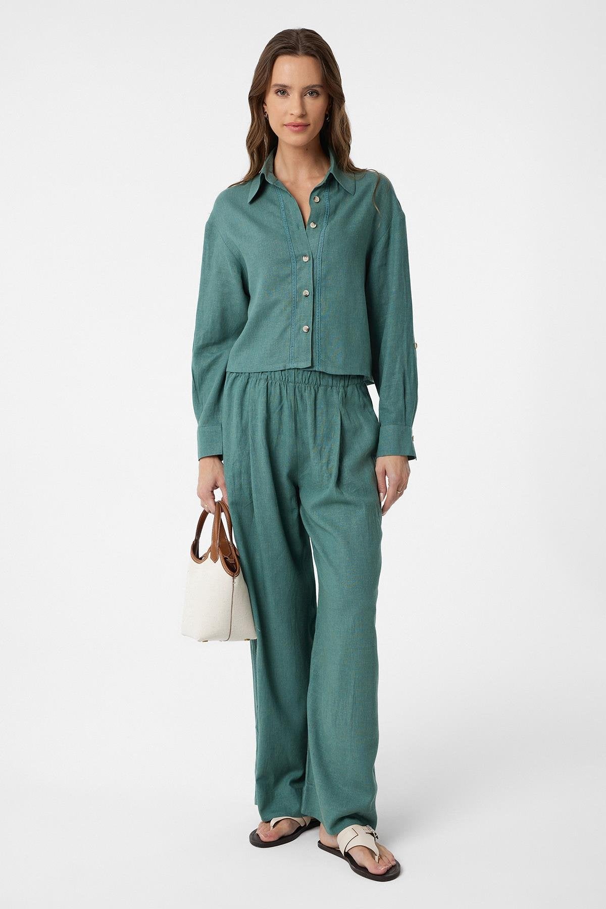 Antioch-Yeşil Şeritli Kadın Gömlek-Gömlek-2-Milagron.com