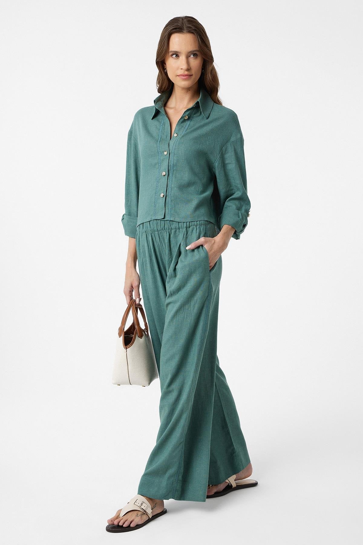 Antioch-Yeşil Şeritli Kadın Gömlek-Gömlek-3-Milagron.com