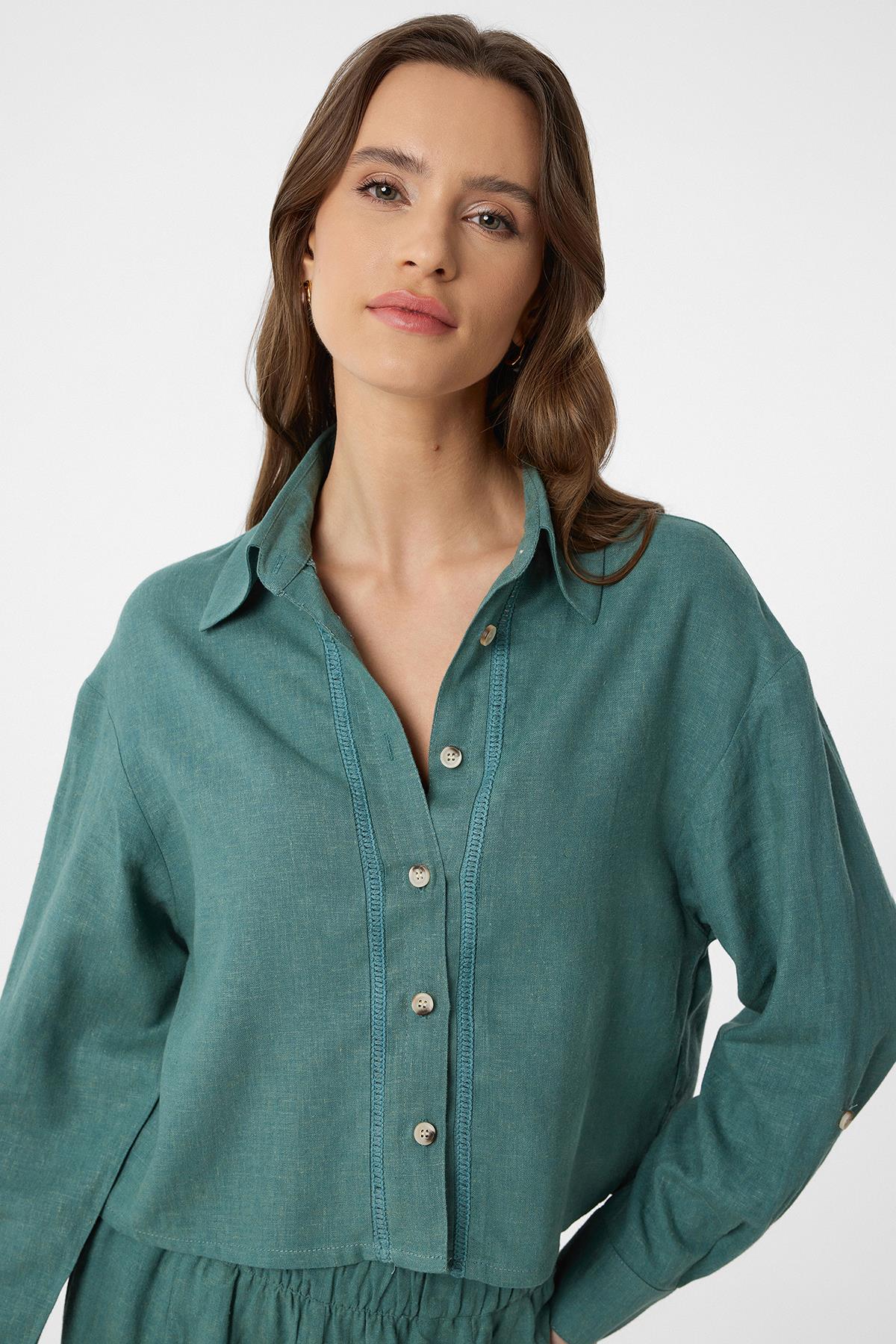 Antioch-Yeşil Şeritli Kadın Gömlek-Gömlek-4-Milagron.com