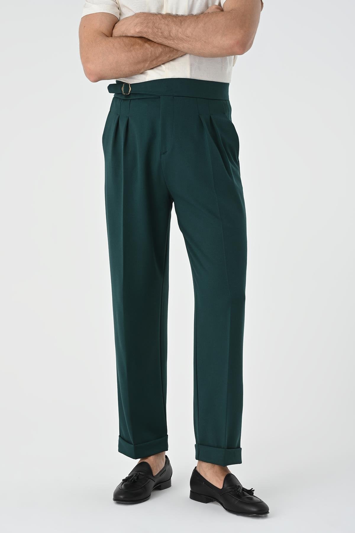 Antioch-Zümrüt Toka Detaylı Pileli Yüksek Bel Erkek Pantolon-Kumaş Pantolon-1-Milagron.com