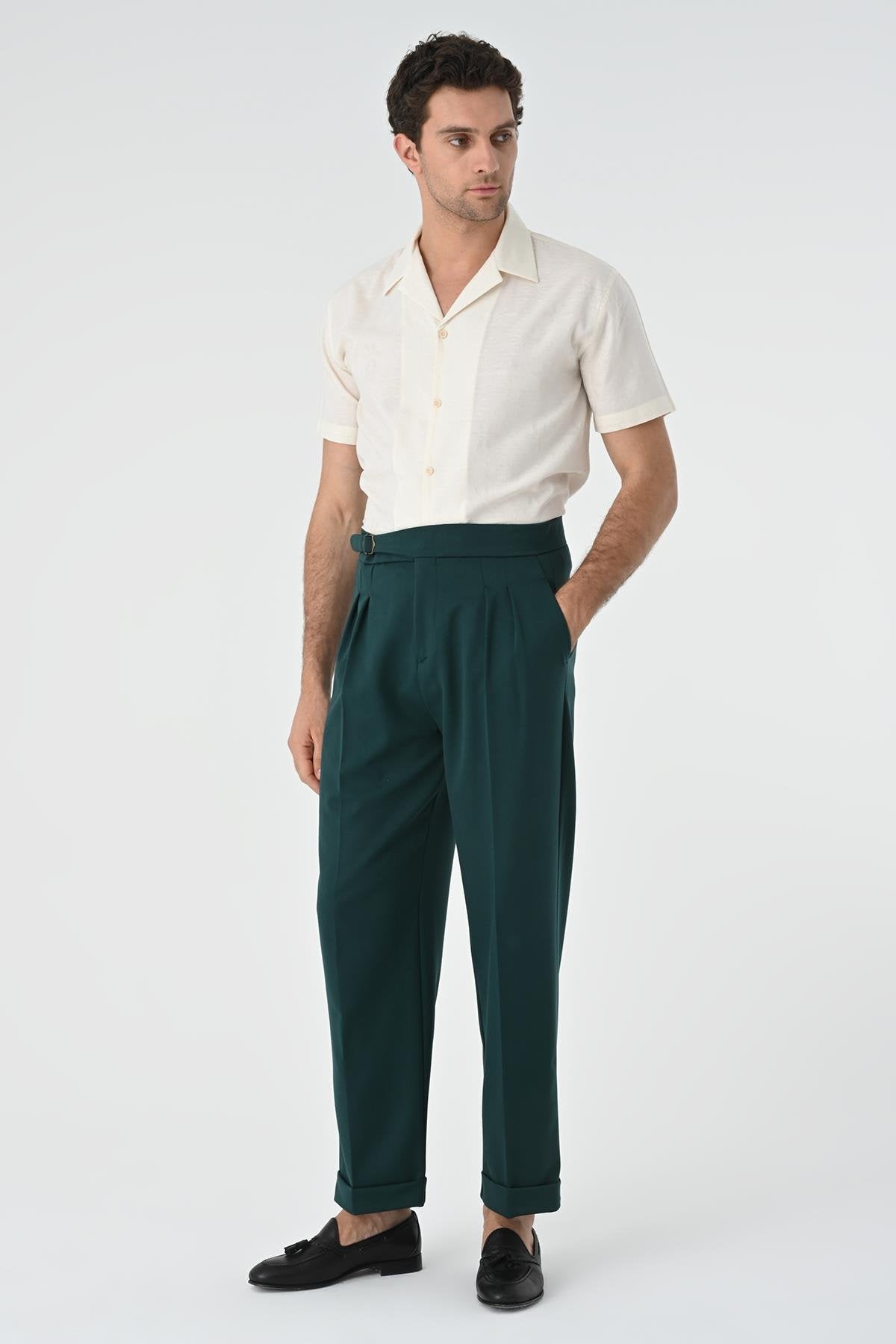 Antioch-Zümrüt Toka Detaylı Pileli Yüksek Bel Erkek Pantolon-Kumaş Pantolon-2-Milagron.com