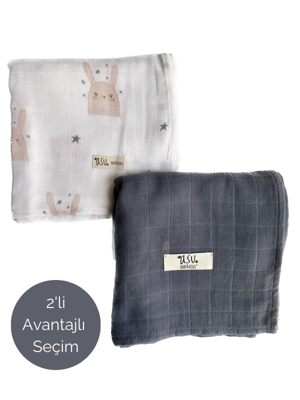 Asu Baby&Kids Mix&Match 2'Li Organik Pamuk Müslin Sleepy Bunny&Navy Blue