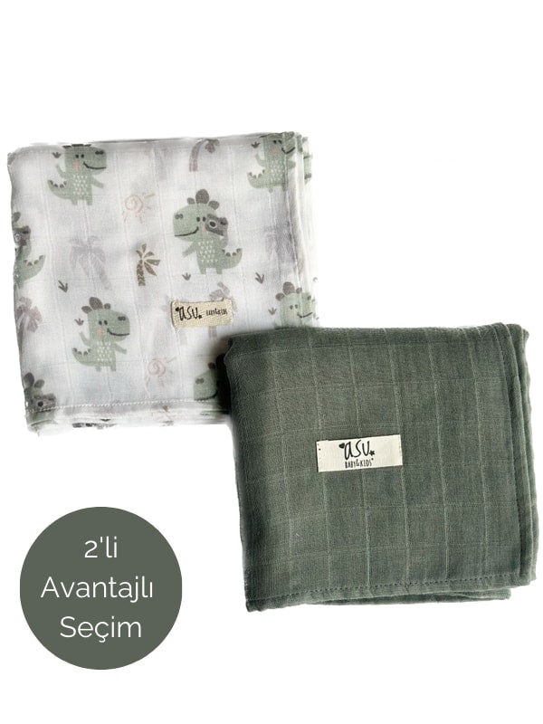 Asu Baby&Kids Mix&Match 2'Li Organik Pamuk Müslin Traveller Dino&Sage Green
