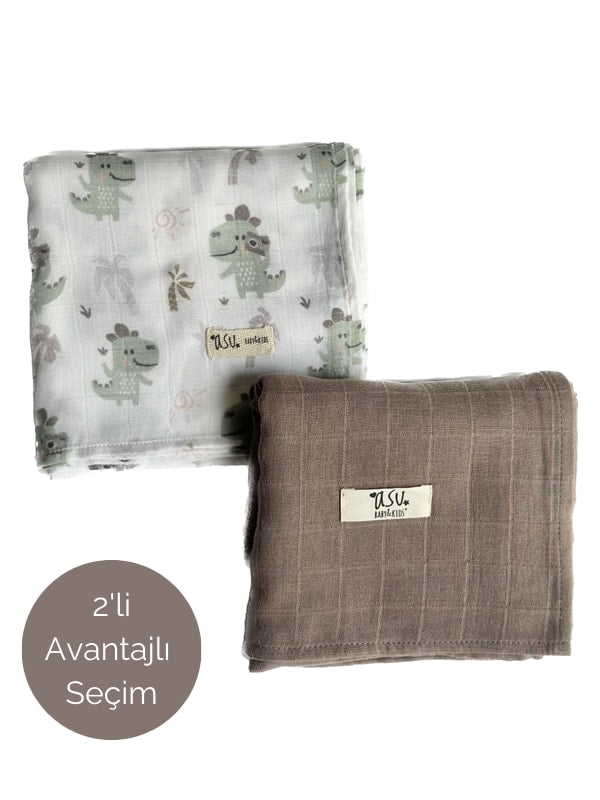 Asu Baby&Kids Mix&Match 2'Li Organik Pamuk Müslin Traveller Dino&Umber Brown