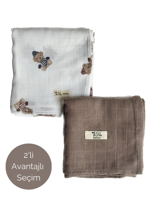 Asu Baby&Kids Mix&Match 2'Li Organik Pamuk Müslin Vintage Ayı&Umber Brown
