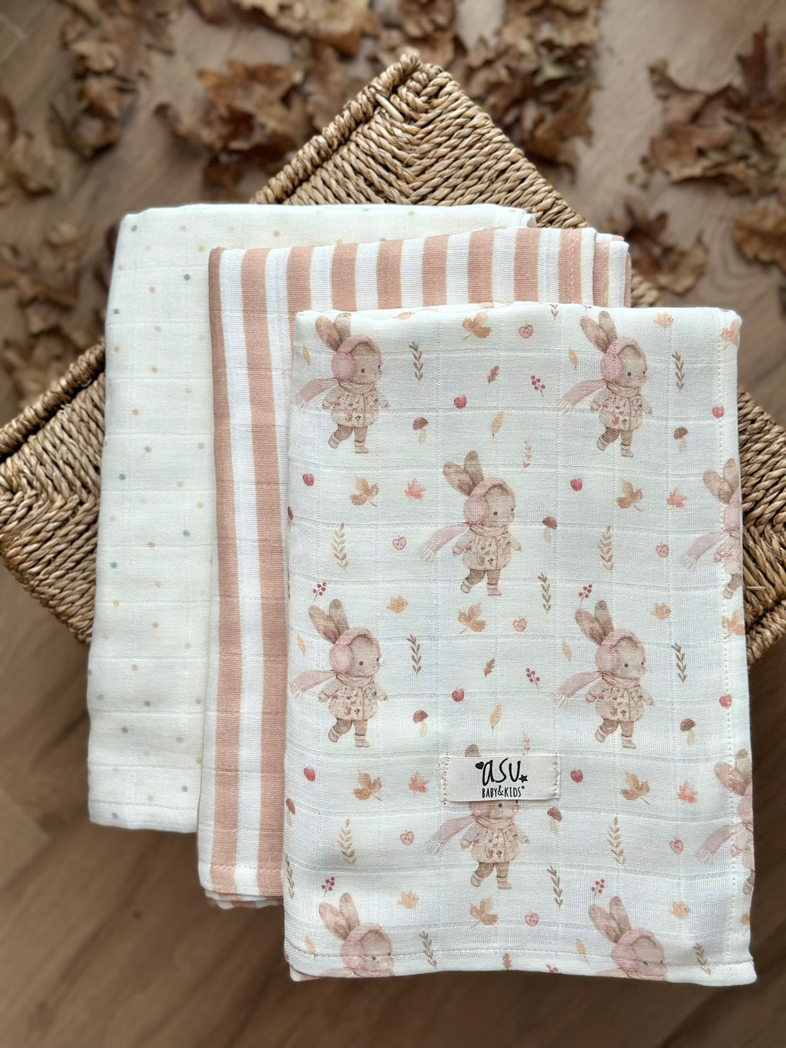 Asu Baby&Kids Mix&Match 3'Lü Organik Pamuk Müslin Ponpony&Copper Stripe&Mini Dot