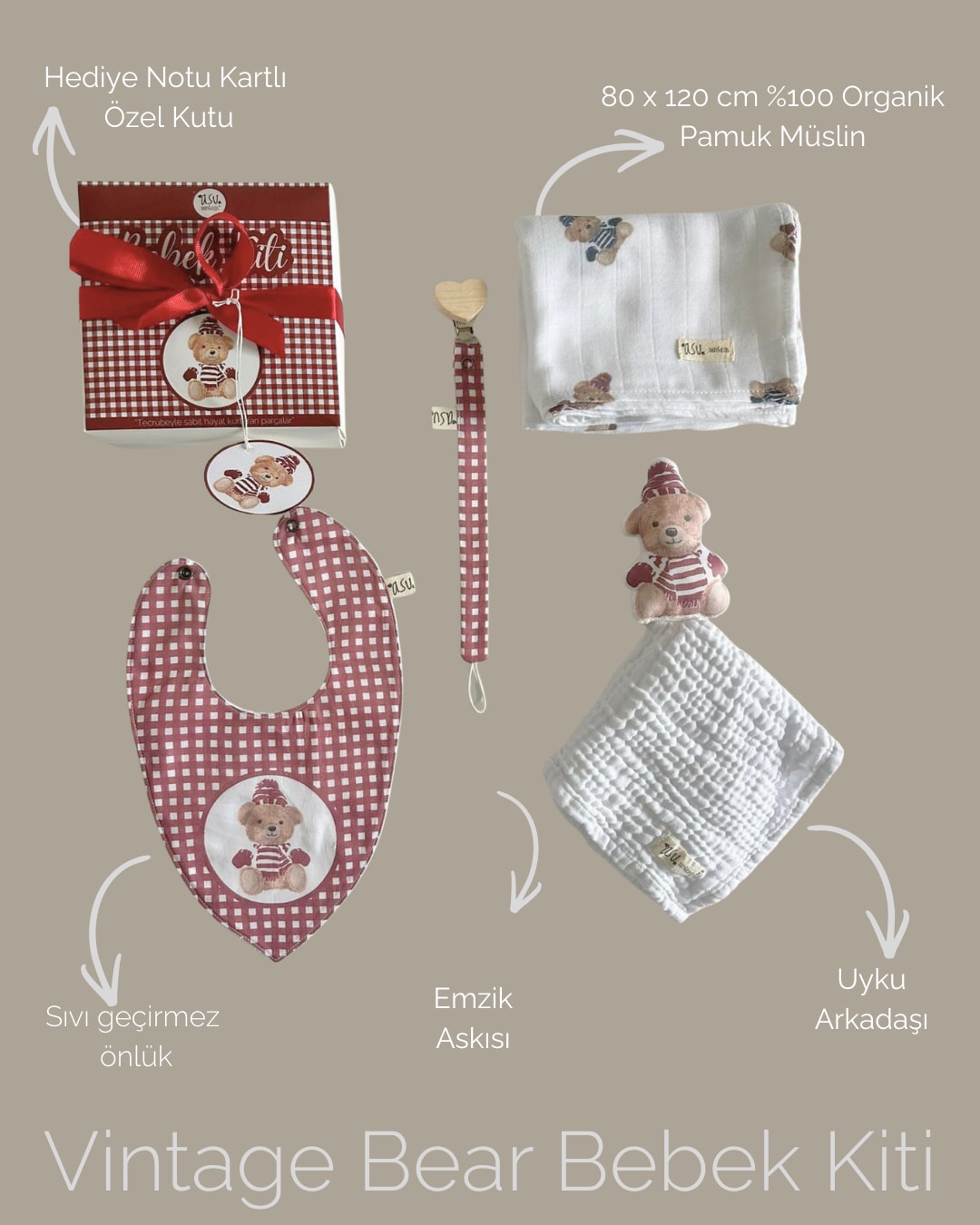 Vintage Bear Bordo Organik Pamuk Hediye Bebek Kiti
