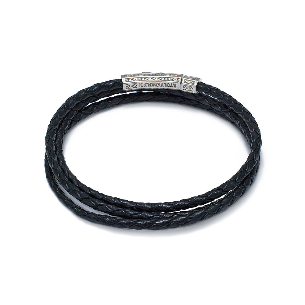 Black Triple Leather Bracelet In Silver