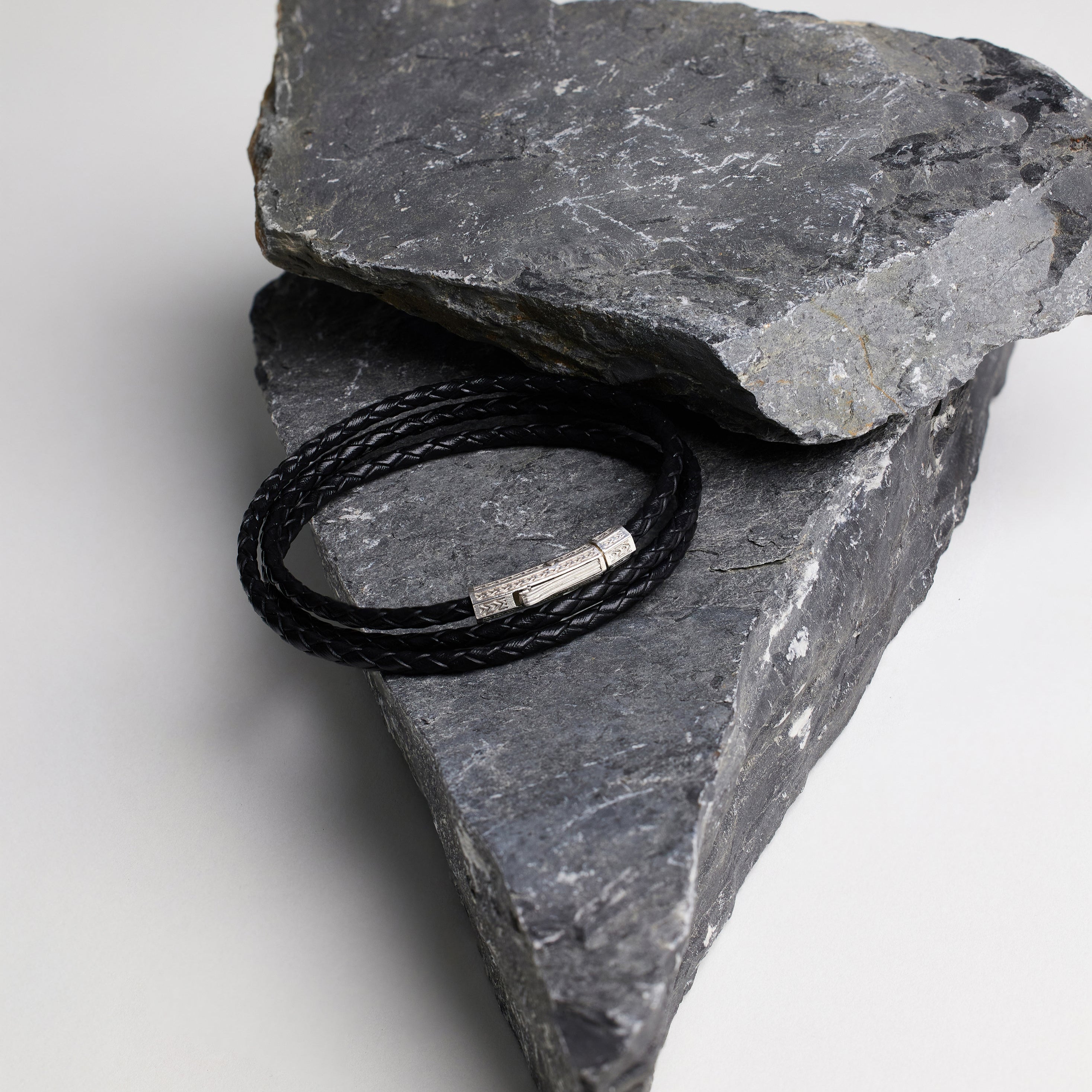 Black Triple Leather Bracelet In Silver