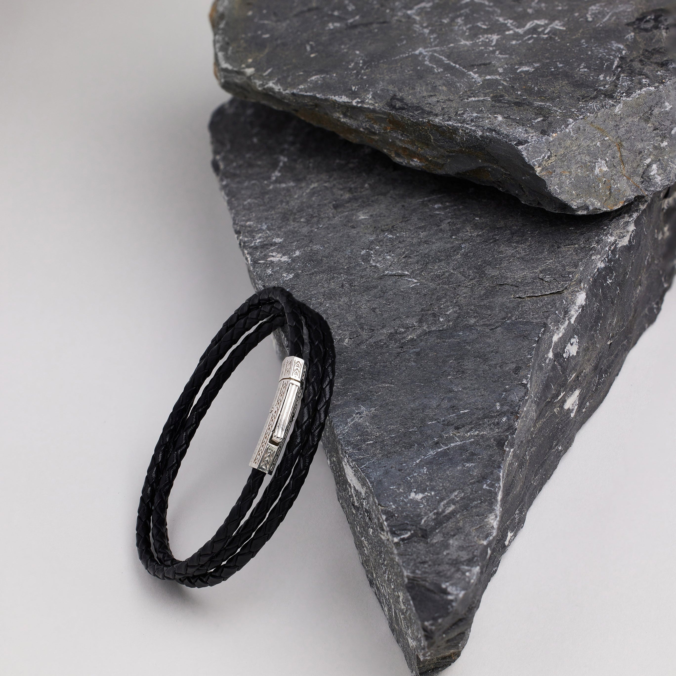 Black Triple Leather Bracelet In Silver