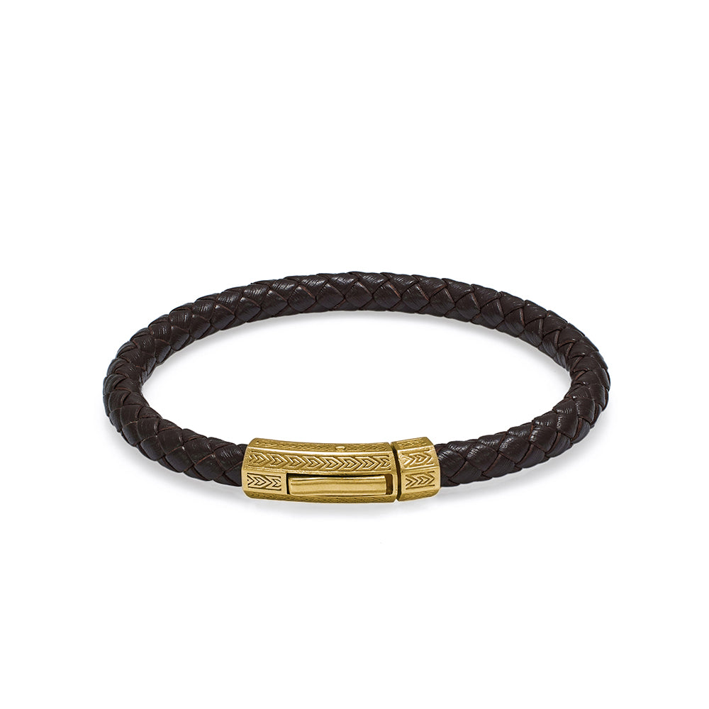 Brown Thick Leather Bracelet In Gold