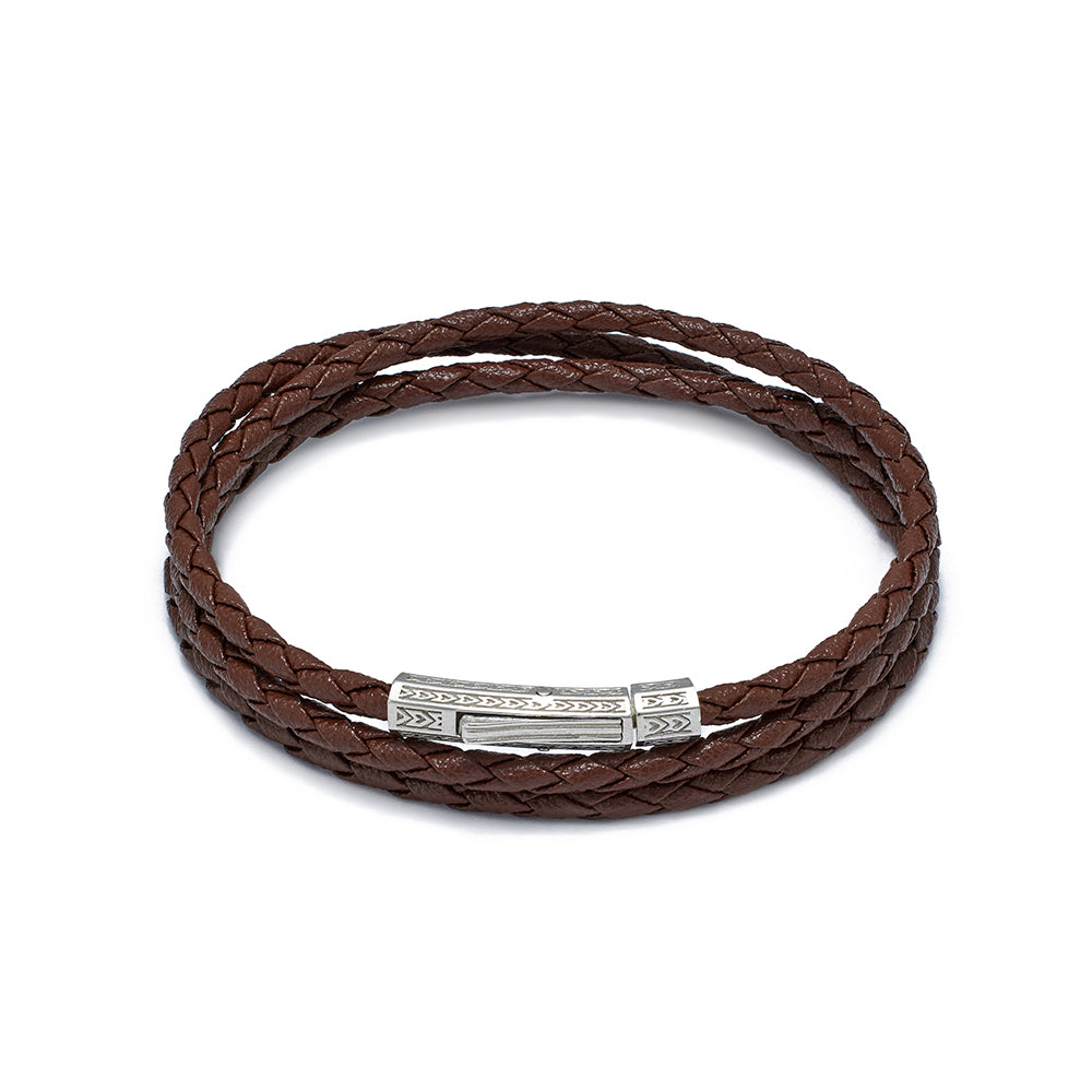 Brown Triple Leather Bracelet In Silver