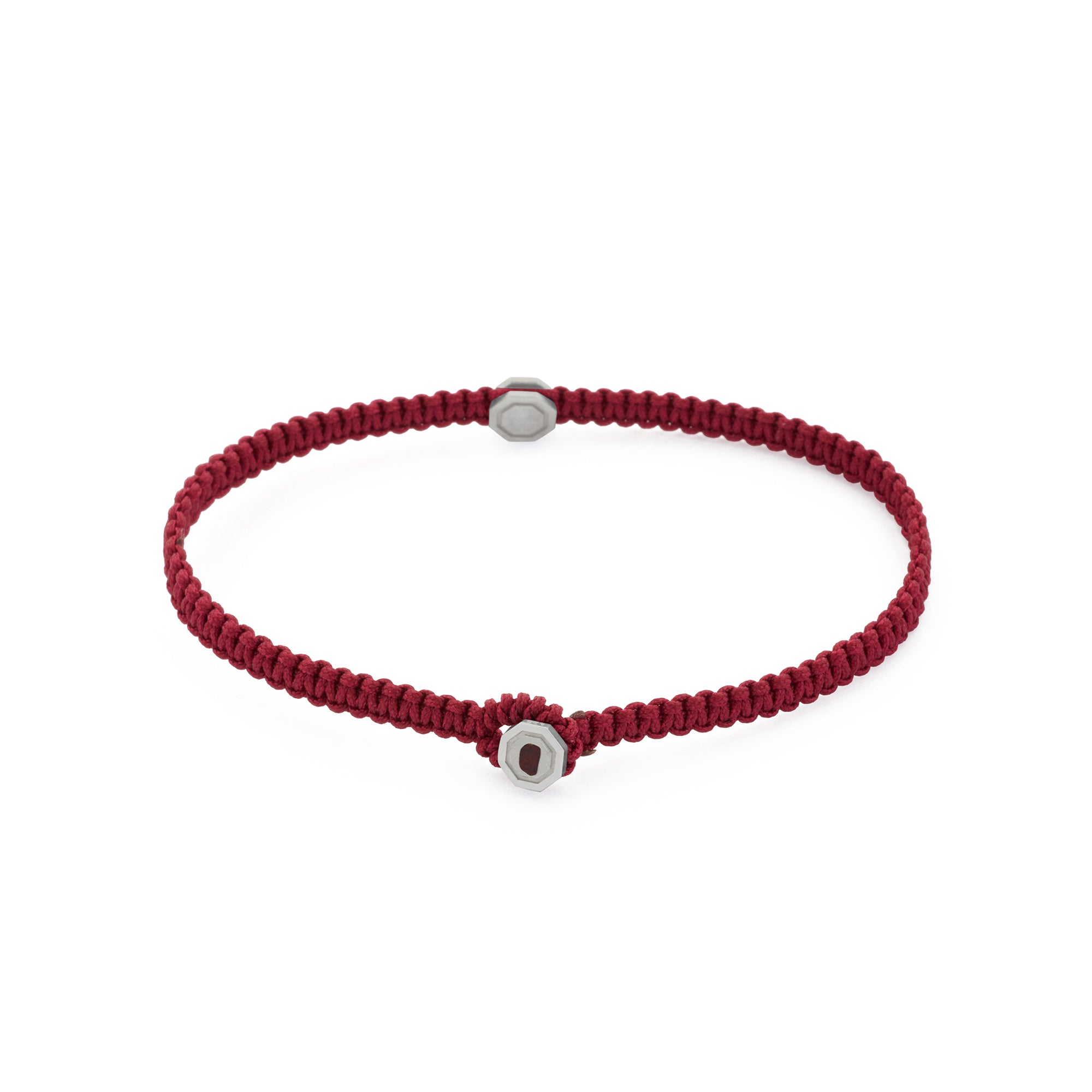 Claret Red Octagon Macrame Bracelet In Silver