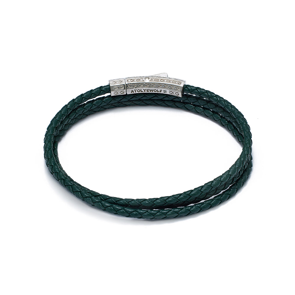 Green Triple Leather Bracelet In Silver