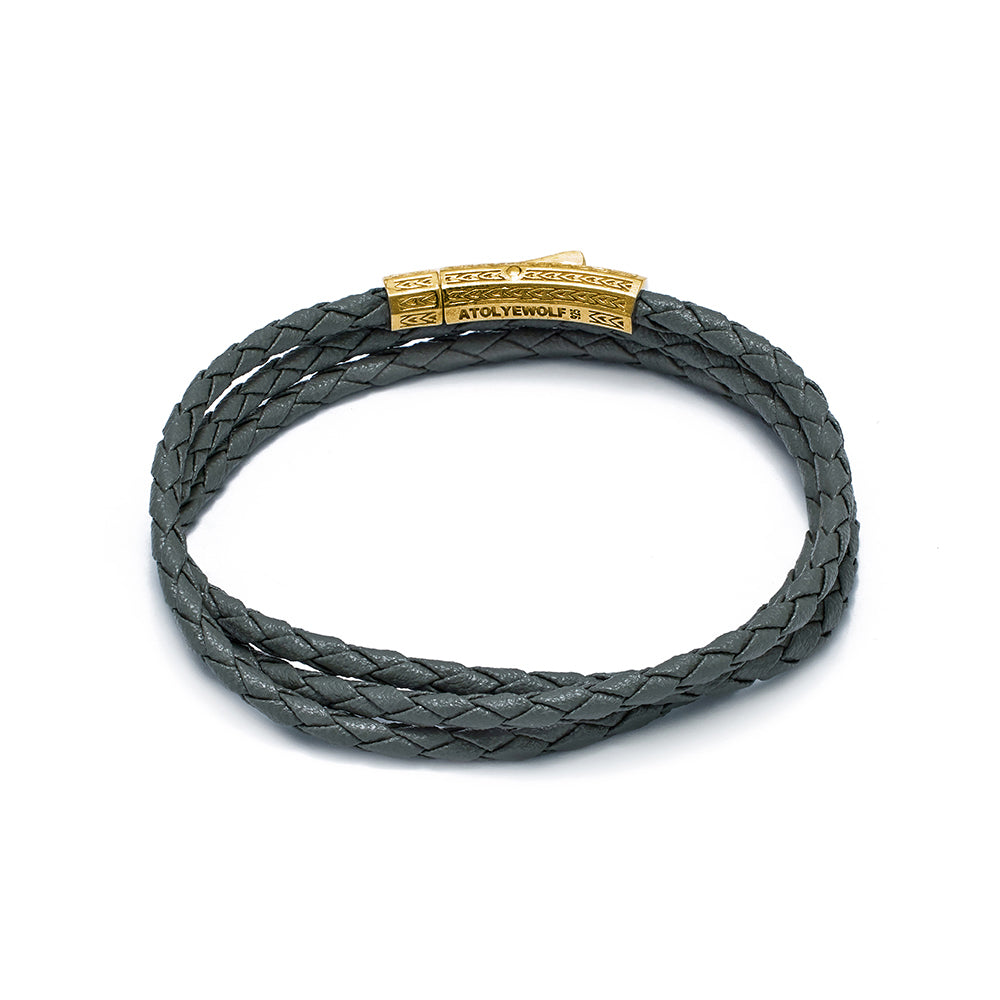 Grey Triple Leather Bracelet In Gold