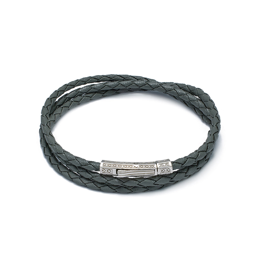 Grey Triple Leather Bracelet In Silver