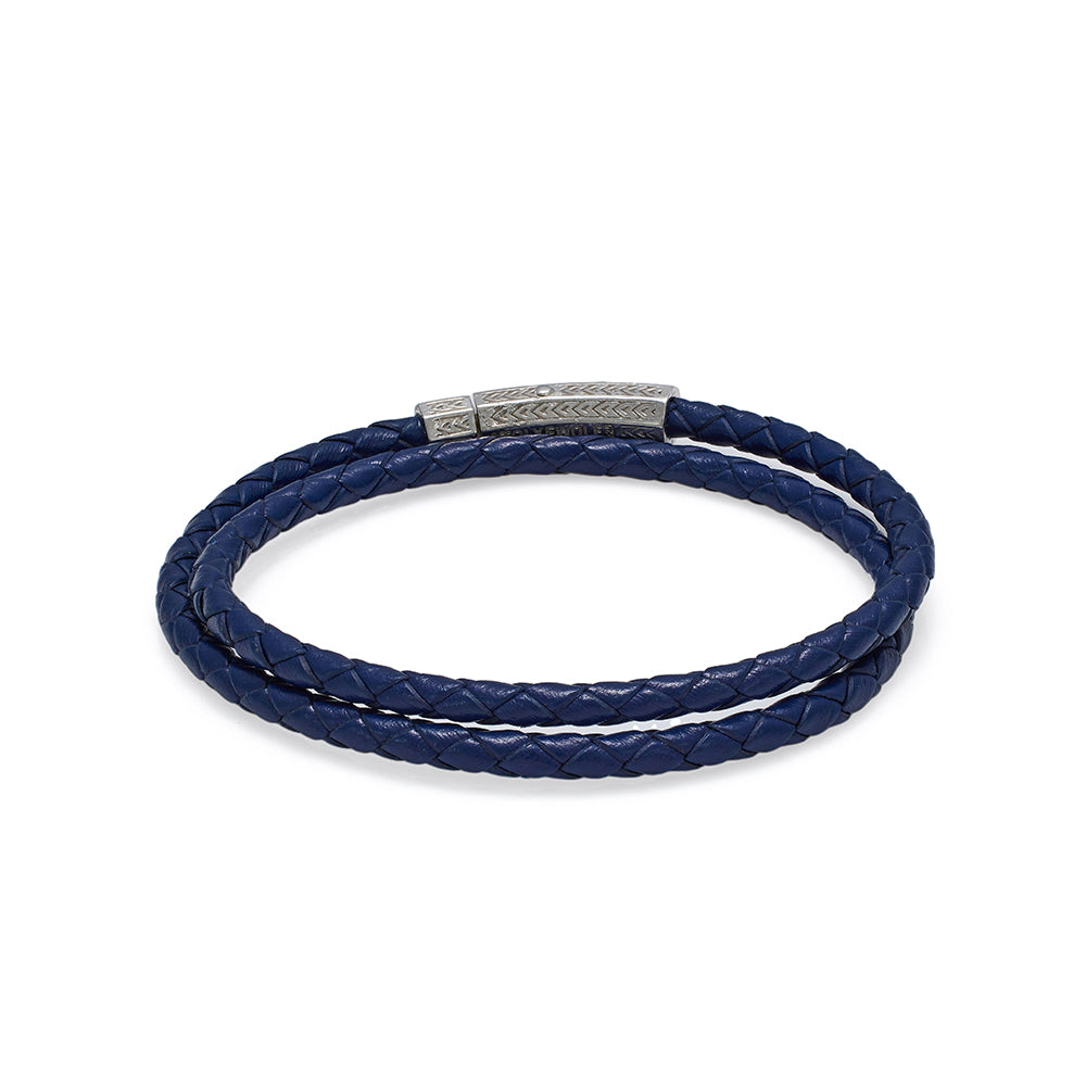 Navy Blue Double Leather Bracelet In Silver