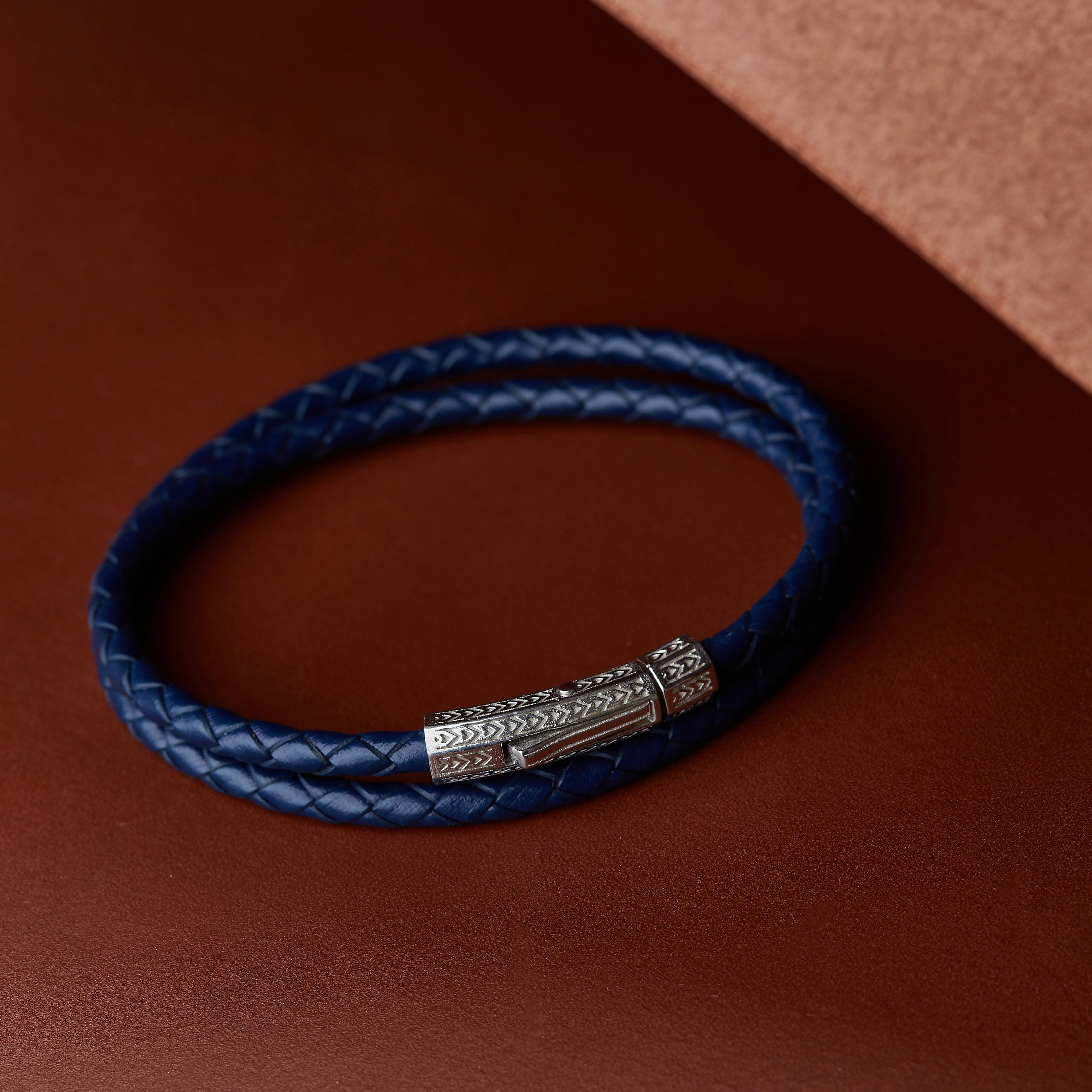 Navy Blue Double Leather Bracelet In Silver