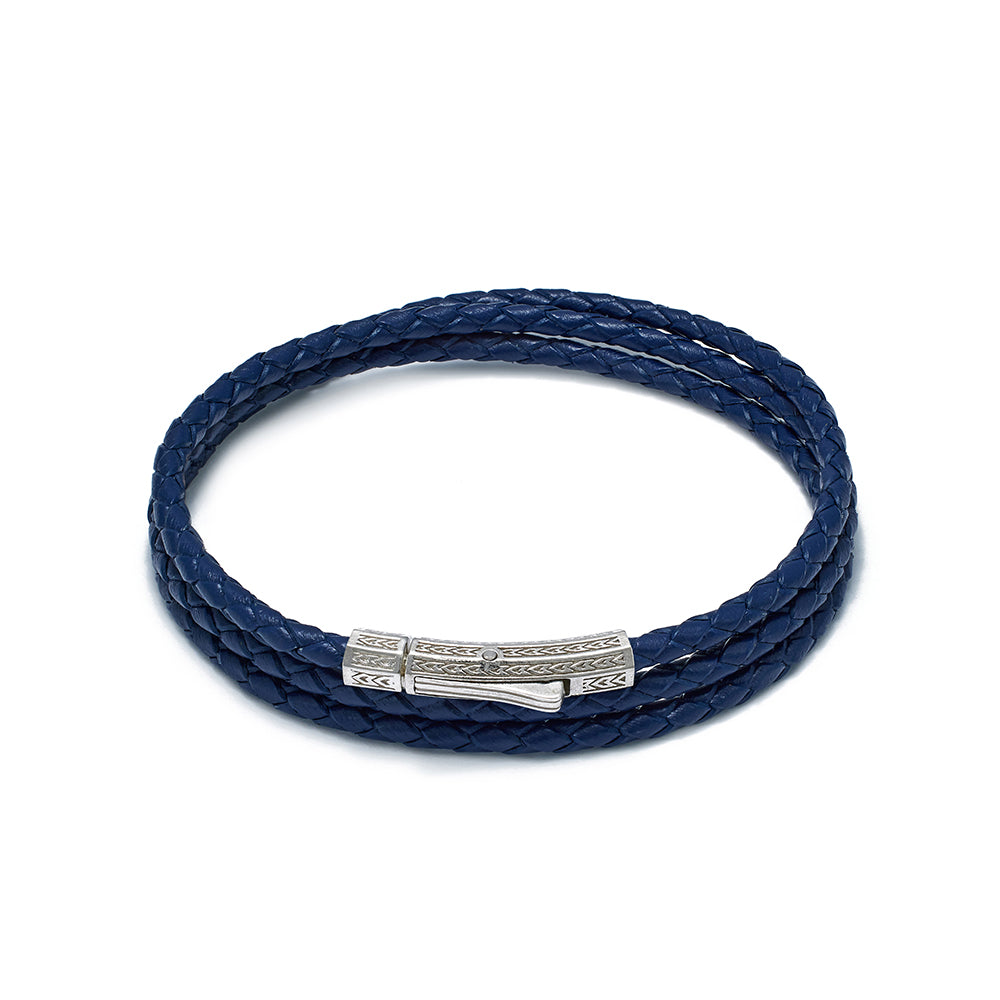 Navy Blue Triple Leather Bracelet In Silver
