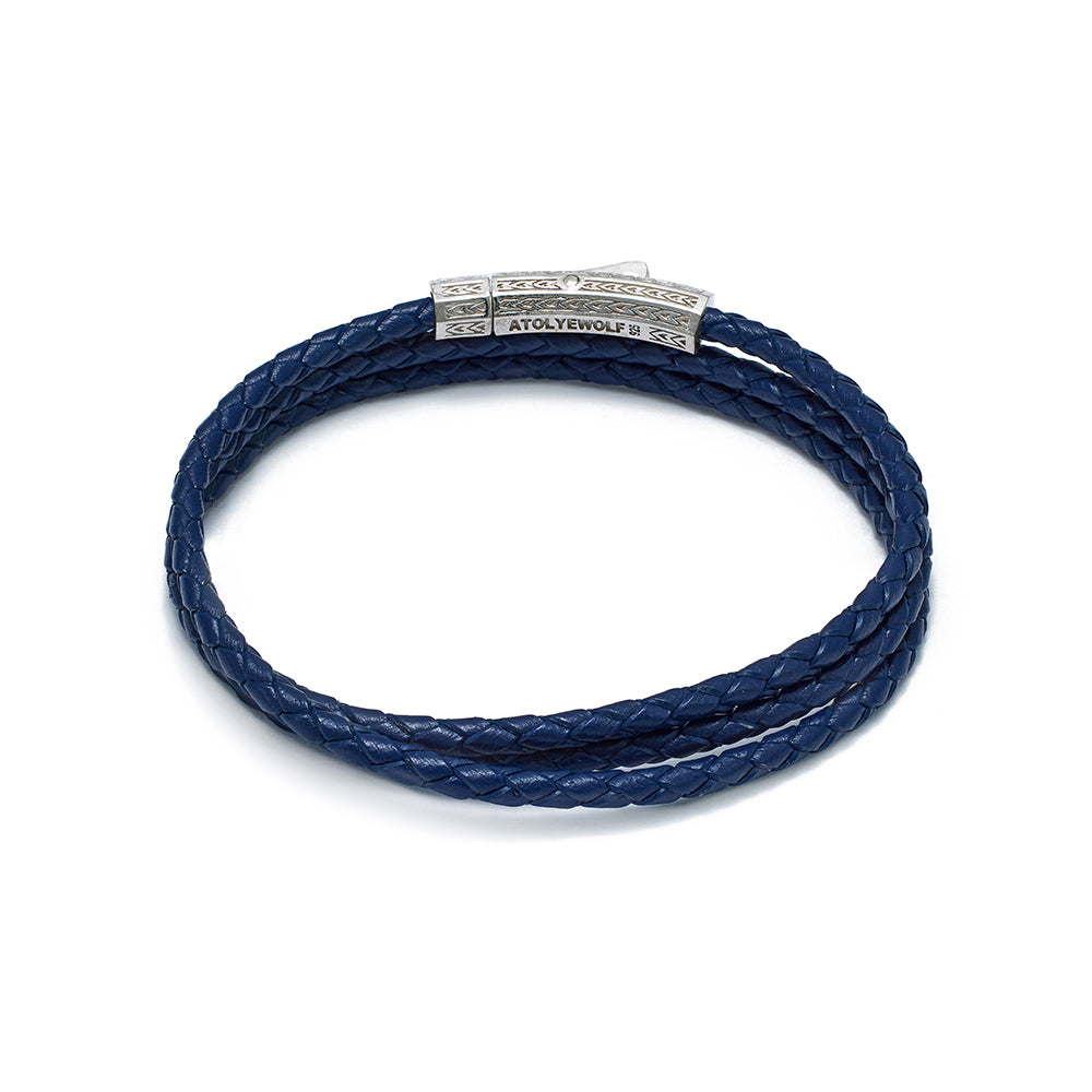 Navy Blue Triple Leather Bracelet In Silver
