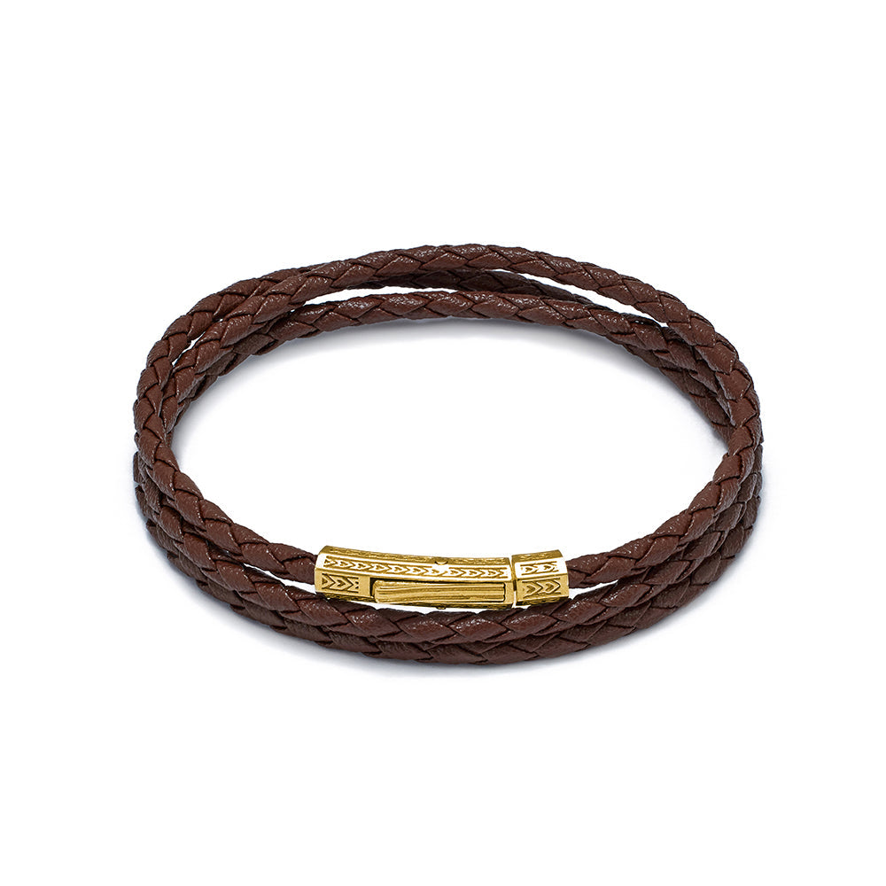 Brown Triple Leather Bracelet In Gold