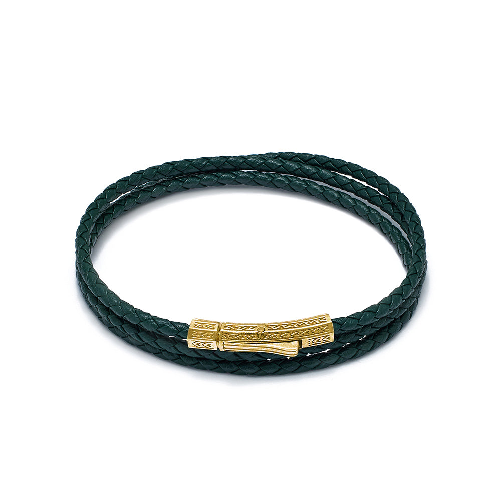 Green Triple Leather Bracelet In Gold