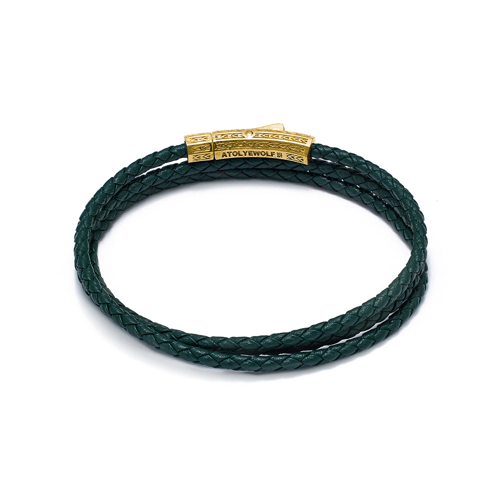 Green Triple Leather Bracelet In Gold