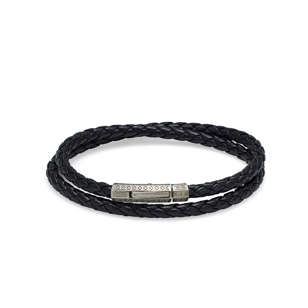 Black Double Leather Bracelet In Silver