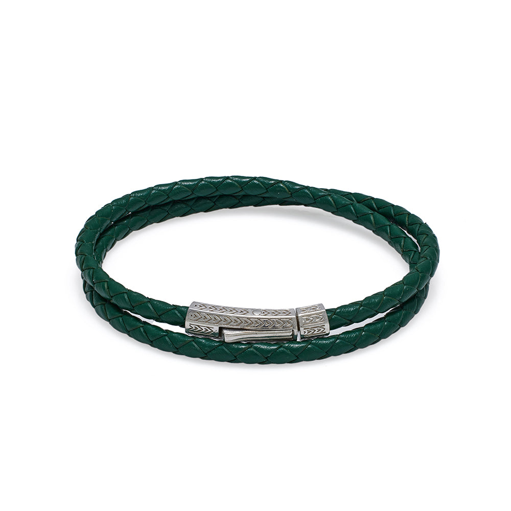 Green Double Leather Bracelet In Silver