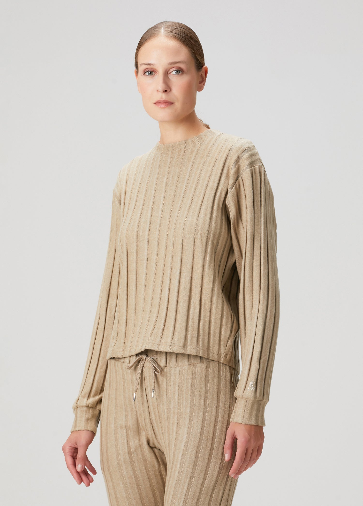 Şeritli Bisiklet Yaka Sweatshirt - Bej